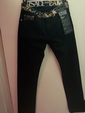 Versace Jeans Collection Black Slim Straight Jeans with Baroque Waistband.